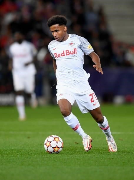 Karim Adeyemi of Red Bull Salzburg kicks the ball during the UEFA Champions League group G match between FC Red Bull Salzburg and Lille OSC at Red...