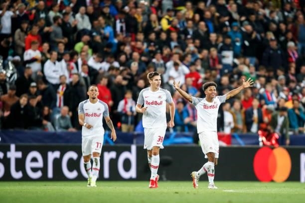 Scorer Karim Adeyemi of FC Salzburg reacts after his goal during the UEFA Champions League group G match between FC Salzburg and Lille OSC at Red...
