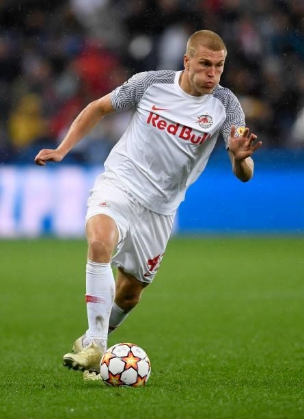 Rasmus Kristensen of Red Bull Salzburg controls the ball during the UEFA Champions League group G match between FC Red Bull Salzburg and Lille OSC at...