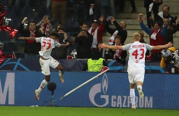 Karim Adeyemi of FC Red Bull Salzburg celebrates scoring his sides second goal during the UEFA Champions League group G match between FC Red Bull...