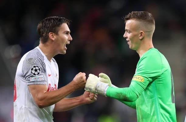 Philipp Kohn and Max Wober of FC Red Bull Salzburg celebrate after the UEFA Champions League group G match between FC Red Bull Salzburg and Lille OSC...
