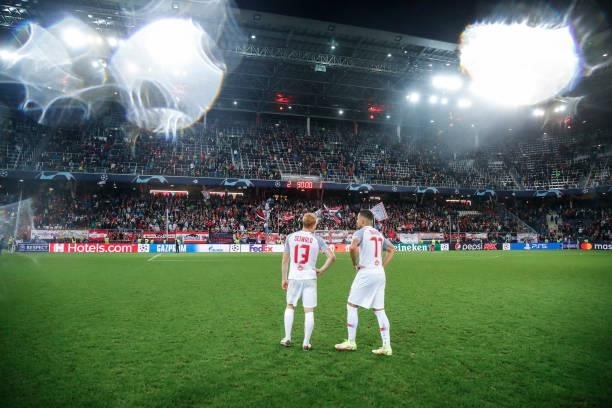 Nicolas Seiwald and Noah Okafor of FC Salzburg after the UEFA Champions League group G match between FC Salzburg and Lille OSC at Red Bull Arena on...