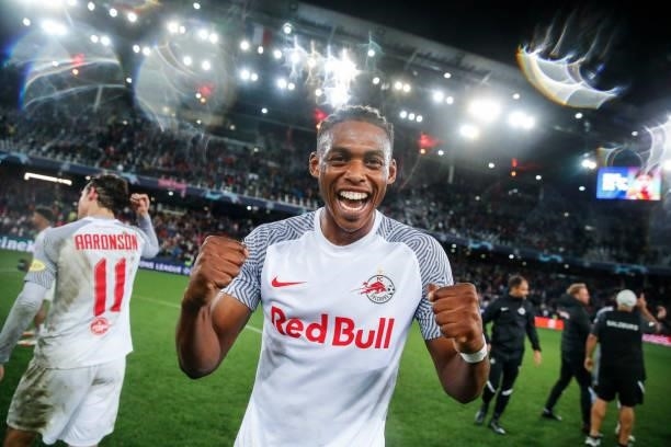 Junior Adamu of FC Salzburg reacts after the UEFA Champions League group G match between FC Salzburg and Lille OSC at Red Bull Arena on September 29,...