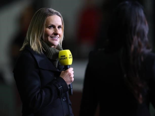 Pundit and Former Arsenal player Kelly Smith reports pitchside for BBC Sport television ahead of the Vitality Women's FA Cup Quarter Final match...