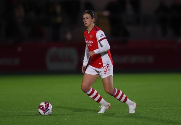 Lotte Wubben-Moy of Arsenal during the Vitality Women's FA Cup Quarter Final match between Arsenal and Tottenham Hotspur at Meadow Park on September...