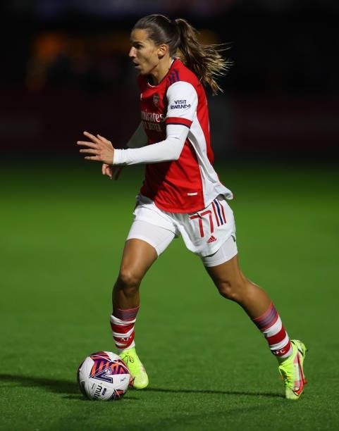 Tobin Heath of Arsenal during the Vitality Women's FA Cup Quarter Final match between Arsenal and Tottenham Hotspur at Meadow Park on September 29,...
