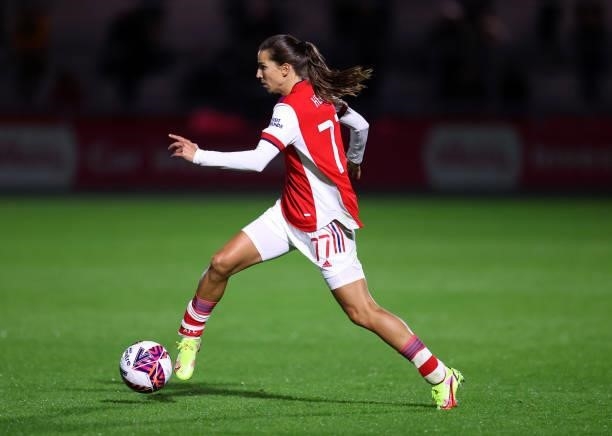 Tobin Heath of Arsenal during the Vitality Women's FA Cup Quarter Final match between Arsenal and Tottenham Hotspur at Meadow Park on September 29,...