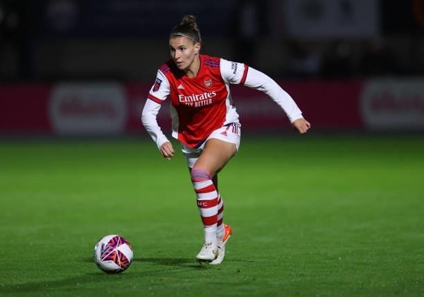 Steph Catley of Arsenal during the Vitality Women's FA Cup Quarter Final match between Arsenal and Tottenham Hotspur at Meadow Park on September 29,...