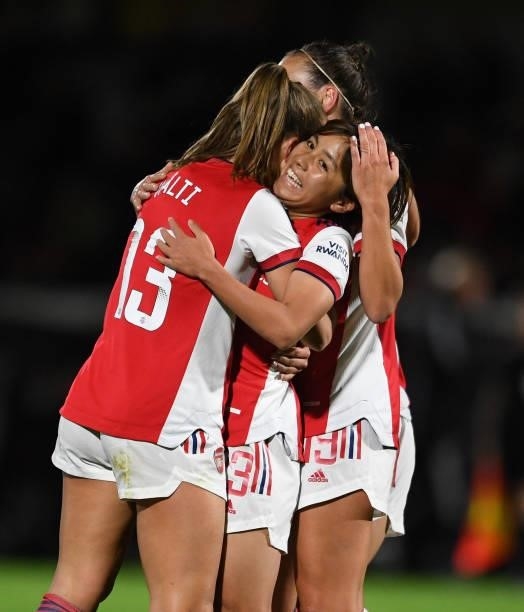 Mana Iwabuchi celebrates scoring Arsenal's 1st goal with Lia Walti and Caitlin Foord during the Women's FA Cup Quarter Final between Arsenal Women...