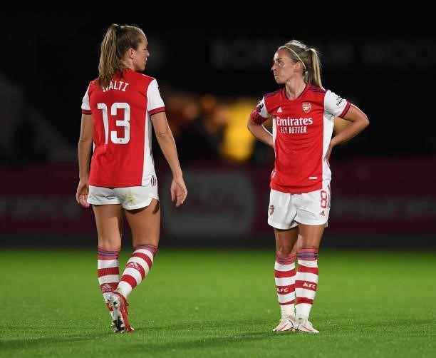 Jordan Nobbs chats to Lia Walti of Arsenal during the Women's FA Cup Quarter Final between Arsenal Women and Tottenham Hotspur Women at Meadow Park...