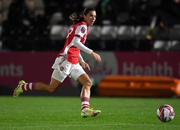 Tobin Heath of Arsenal during the Women's FA Cup Quarter Final between Arsenal Women and Tottenham Hotspur Women at Meadow Park on September 29, 2021...