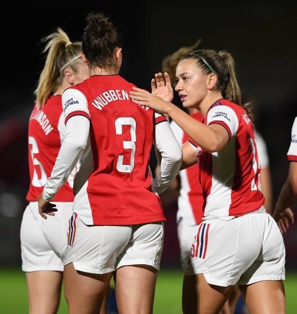 Lotte Wubben-Moy celebrates scoring Arsenal's 3rd goal with Leah Williamson during the Women's FA Cup Quarter Final between Arsenal Women and...
