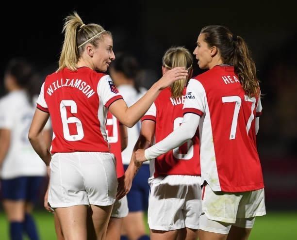 Leah Williamson and Tobin Heath of Arsenal during the Women's FA Cup Quarter Final between Arsenal Women and Tottenham Hotspur Women at Meadow Park...