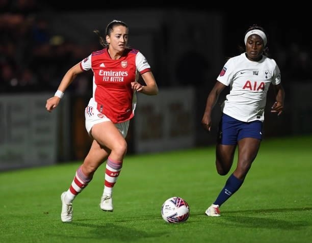 Anna Patten of Arsenal takes on Chi Ubogagu of Tottenham during the Women's FA Cup Quarter Final between Arsenal Women and Tottenham Hotspur Women at...