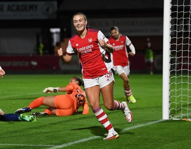 Caitlin Foord celebrates scoring Arsenal's 3rd goal during the Women's FA Cup Quarter Final between Arsenal Women and Tottenham Hotspur Women at...