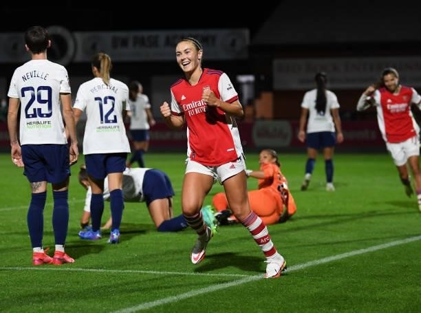 Caitlin Foord celebrates scoring Arsenal's 3rd goal during the Women's FA Cup Quarter Final between Arsenal Women and Tottenham Hotspur Women at...