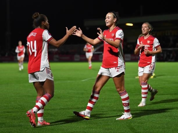Caitlin Foord celebrates scoring Arsenal's 3rd goal with Nikita Parris during the Women's FA Cup Quarter Final between Arsenal Women and Tottenham...