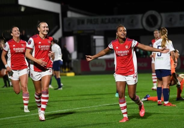 Nikita Parris celebrates scoring Arsenal's 4th goal with Caitlin Foord during the Women's FA Cup Quarter Final between Arsenal Women and Tottenham...