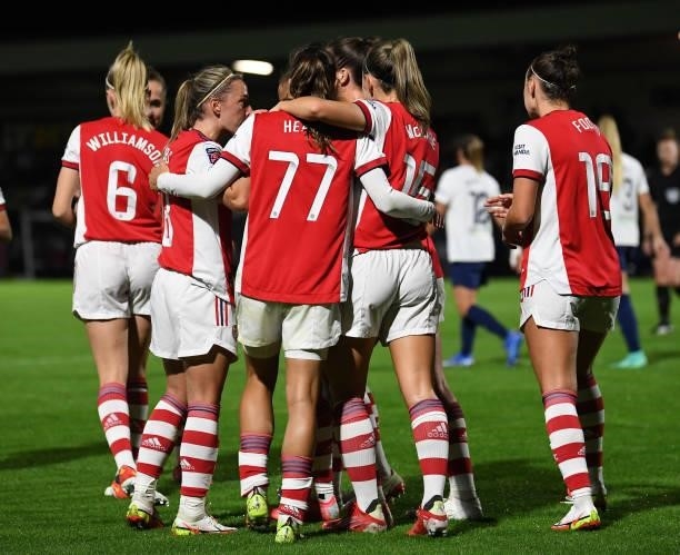 Katie McCabe and Tobin Heath celebrate Arsenal's 4th goal during the Women's FA Cup Quarter Final between Arsenal Women and Tottenham Hotspur Women...