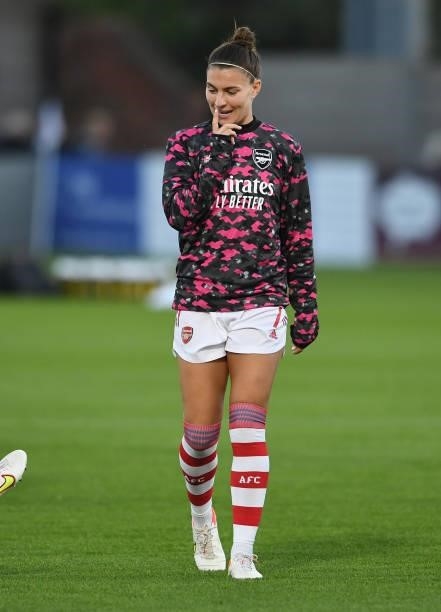 Steph Catley of Arsenal before the Women's FA Cup Quarter Final between Arsenal Women and Tottenham Hotspur Women at Meadow Park on September 29,...