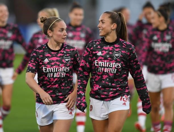 Kim Little and Lia Walti of Arsenal before the Women's FA Cup Quarter Final between Arsenal Women and Tottenham Hotspur Women at Meadow Park on...