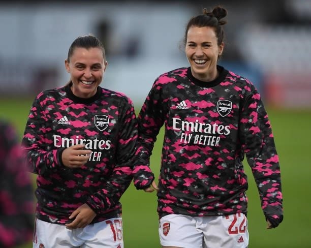 Noelle Maritz and Viki Schnaderbeck of Arsenal before the Women's FA Cup Quarter Final between Arsenal Women and Tottenham Hotspur Women at Meadow...