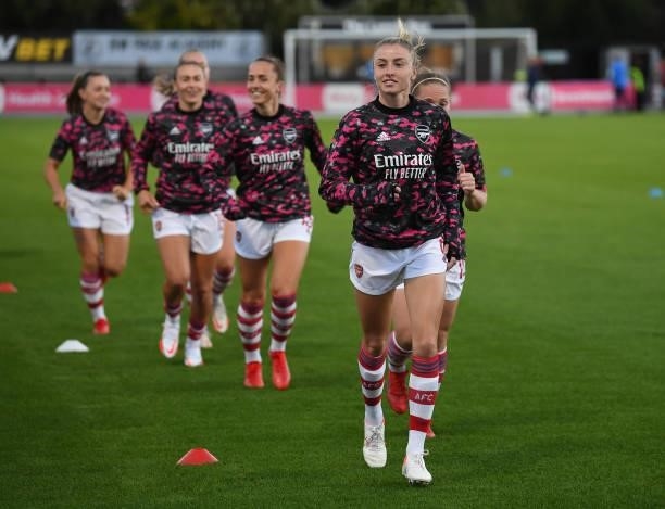 Leah Williamson of Arsenal before the Women's FA Cup Quarter Final between Arsenal Women and Tottenham Hotspur Women at Meadow Park on September 29,...