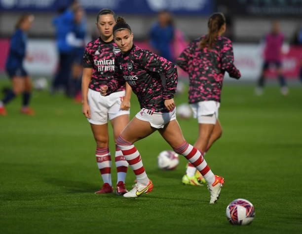Steph Catley of Arsenal before the Women's FA Cup Quarter Final between Arsenal Women and Tottenham Hotspur Women at Meadow Park on September 29,...