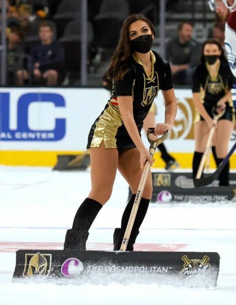 Member of the Knights Guard cleans the ice during the Vegas Golden Knights' preseason game against the Colorado Avalanche at T-Mobile Arena on...