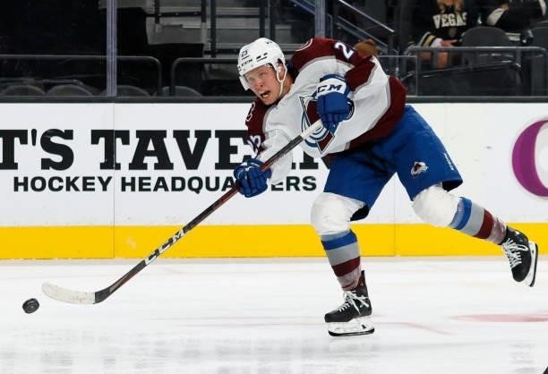 Logan O'Connor of the Colorado Avalanche takes a shot against the Vegas Golden Knights in the third period of their preseason game at T-Mobile Arena...