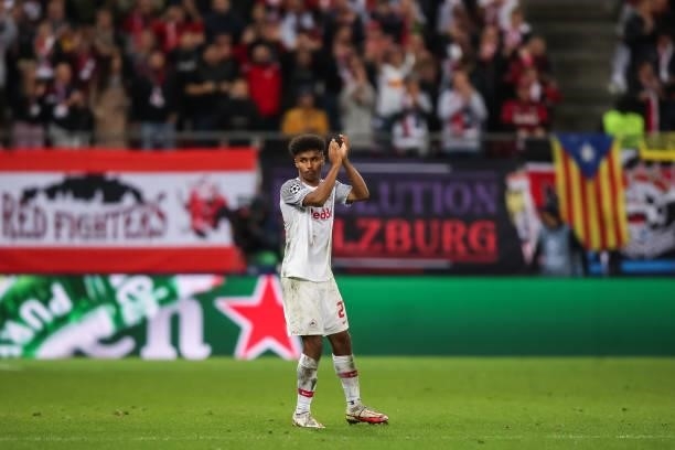 Karim Adeyemi of FC Red Bull Salzburg reacts during the UEFA Champions League group G match between FC Red Bull Salzburg and Lille OSC at Stadion...