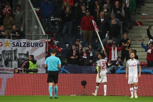 Karim Adeyemi of FC Red Bull Salzburg celebrates after scoring their side`s first goal during the UEFA Champions League group G match between FC Red...