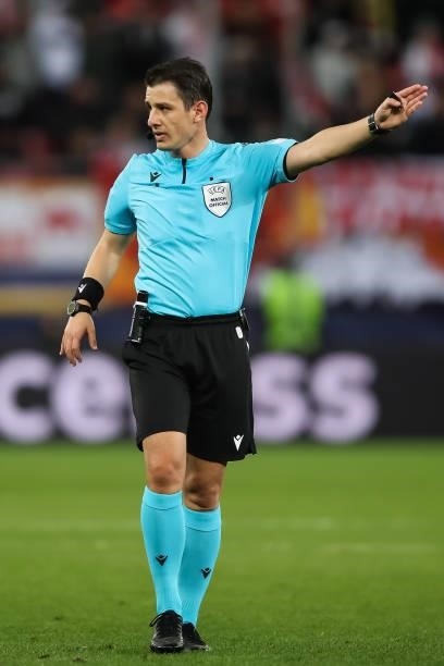 Referee Halil Meler gestures during the UEFA Champions League group G match between FC Red Bull Salzburg and Lille OSC at Stadion Salzburg on...