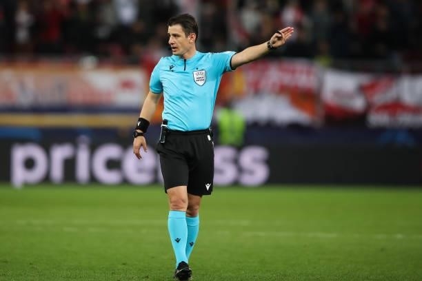 Referee Halil Meler gestures during the UEFA Champions League group G match between FC Red Bull Salzburg and Lille OSC at Stadion Salzburg on...