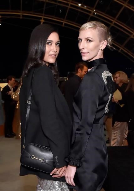 Julia Jones and Mickey Sumner attend the Academy Museum of Motion Pictures and Vanity Fair Premiere party at Academy Museum of Motion Pictures on...