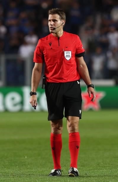 Referee Felix Brych looks on during the UEFA Champions League group F match between Atalanta and BSC Young Boys at Gewiss Stadium on September 29,...