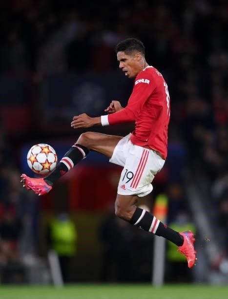Raphael Varane of Manchester United clears the ball during the UEFA Champions League group F match between Manchester United and Villarreal CF at Old...
