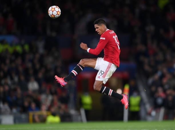 Raphael Varane of Manchester United clears the ball during the UEFA Champions League group F match between Manchester United and Villarreal CF at Old...