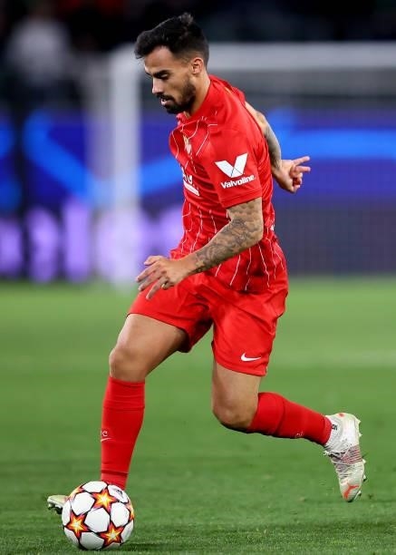 Suso of Sevilla FC controls the ball during the UEFA Champions League group G match between VfL Wolfsburg and Sevilla FC at Volkswagen Arena on...