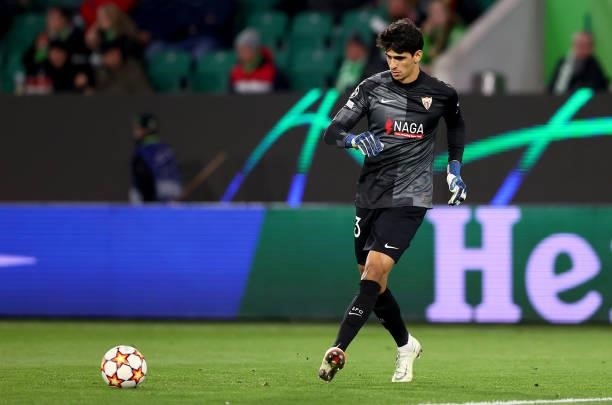 Yassine Bounou, goalkeeper of Sevilla FC controls the ball during the UEFA Champions League group G match between VfL Wolfsburg and Sevilla FC at...