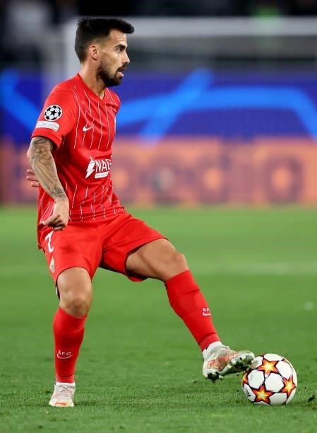 Suso of Sevilla FC controls the ball during the UEFA Champions League group G match between VfL Wolfsburg and Sevilla FC at Volkswagen Arena on...
