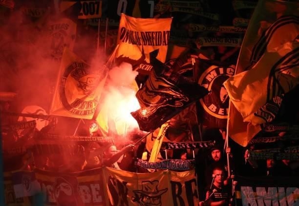 The BSC Young Boys fans show their support during the UEFA Champions League group F match between Atalanta and BSC Young Boys at Gewiss Stadium on...