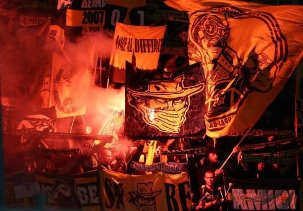 The BSC Young Boys fans show their support during the UEFA Champions League group F match between Atalanta and BSC Young Boys at Gewiss Stadium on...