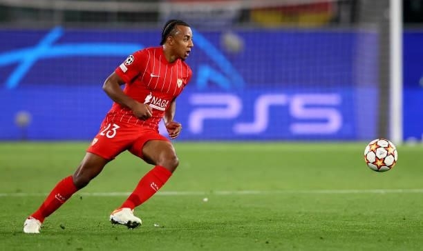 Jules Koundé of Sevilla FC controls the ball during the UEFA Champions League group G match between VfL Wolfsburg and Sevilla FC at Volkswagen Arena...