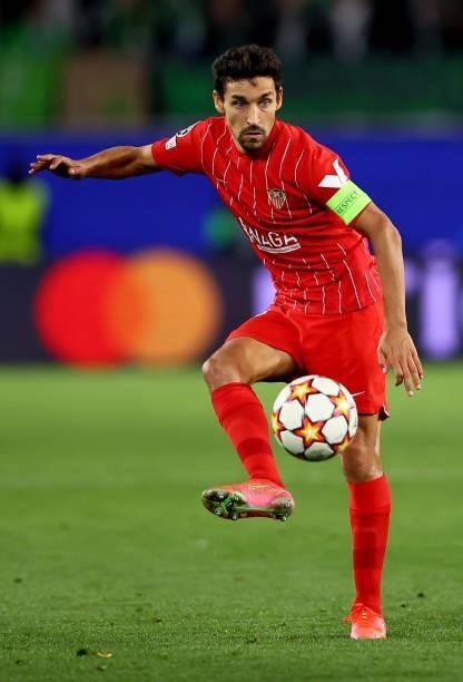 Jesús Navas of Sevilla FC controls the ball during the UEFA Champions League group G match between VfL Wolfsburg and Sevilla FC at Volkswagen Arena...