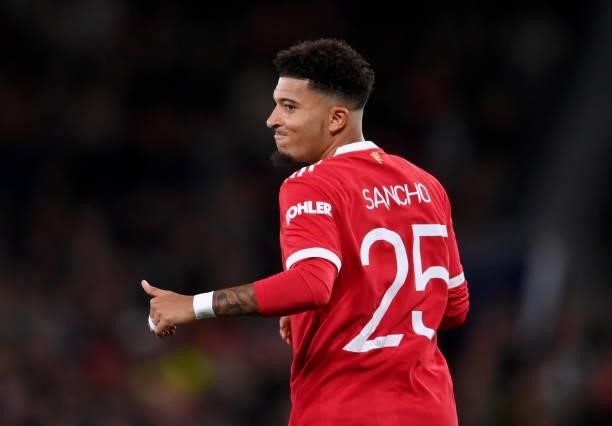 Jadon Sancho of Manchester United looks on during the UEFA Champions League group F match between Manchester United and Villarreal CF at Old Trafford...