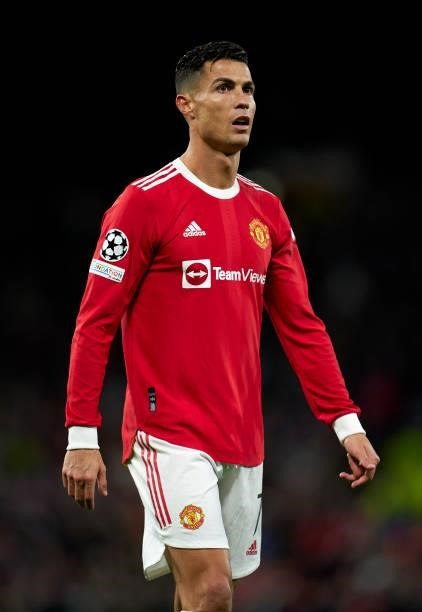 Cristiano Ronaldo of Manchester United looks on during the UEFA Champions League group F match between Manchester United and Villarreal CF at Old...