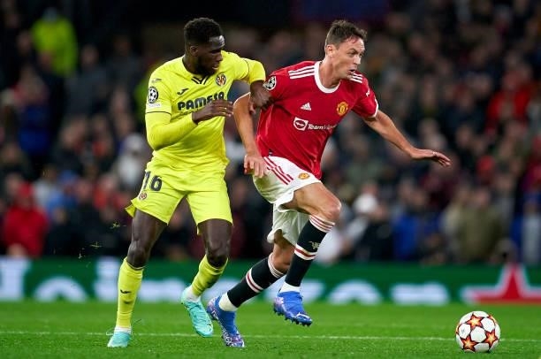 Nemanja Matic of Manchester United competes for the ball with Boulaye Dia of Villarreal CF during the UEFA Champions League group F match between...