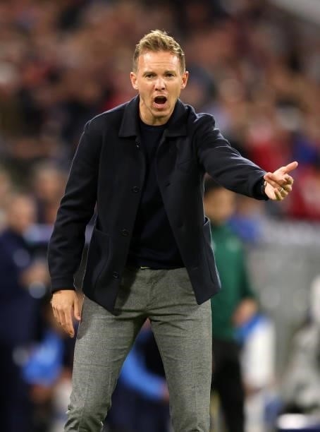 Coach Julian Nagelsmann of Bayern Muenchen reacts from the sidleline during the UEFA Champions League group E match between FC Bayern München and...