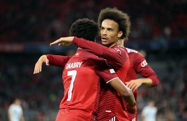 Leroy Sane of Bayern Muenchen with Serge Gnabry of Bayern Muenchen during the UEFA Champions League group E match between FC Bayern München and...
